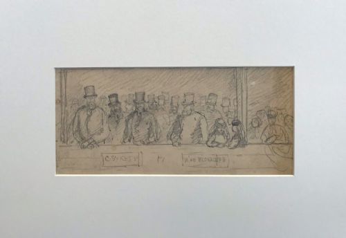 Original 19th Century Antique Pencil Sketch of a Victorian Crowd, Possibly Race Horse Meeting Gentlemen in Top Hats