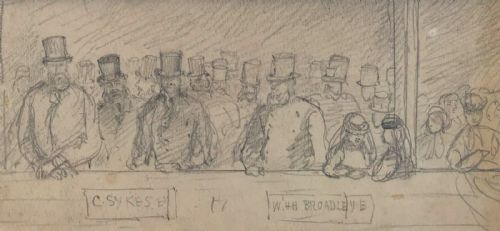 fig 1. Original 19th Century Antique Pencil Sketch of a Victorian Crowd, possibly Race Horse Meeting Gentlemen in Top Hats