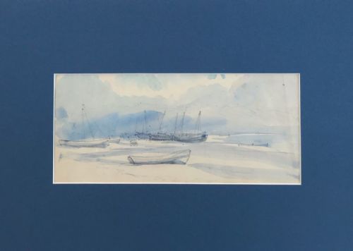 Original Victorian Antique Watercolour Sketch Painting Beach Scene with Boats & Figures English Seascape