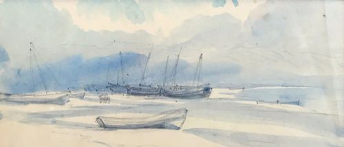 fig 1. Original Victorian Antique Watercolour Sketch Painting Beach Scene with Boats & Figures English Seascape