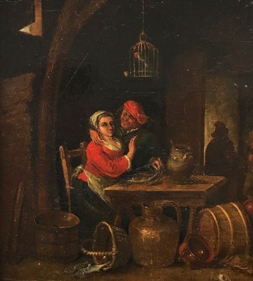 Dutch School Indistinctly Signed Original Early 19th Century Antique Oil Painting Canvas Laid on Wood Panel Figures in a Tavern