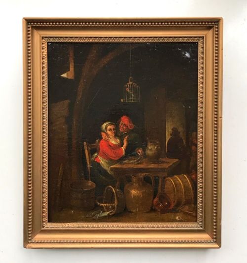 fig 1. Dutch School Indistinctly Signed Original Early 19th Century Antique Oil Painting Canvas laid on Wood Panel Figures in a Tavern