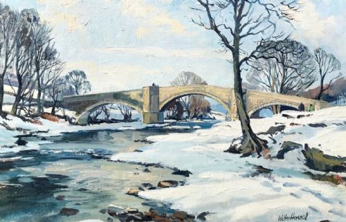 Walter Cecil Horsnell Signed Original Mid 20th Century Oil Painting on Board Barden Bridge River Wharfe Yorkshire Winter Landscape