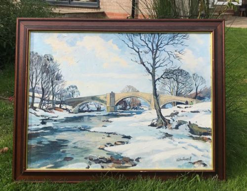 fig 1. Walter Cecil Horsnell Signed Original Mid 20th Century Oil Painting on Board Barden Bridge River Wharfe Yorkshire Winter landscape
