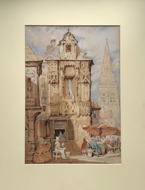 fig 1. Circle of Prout Original Early 19th Century Antique Watercolour Painting French Belgium Market Place Continental Townscape