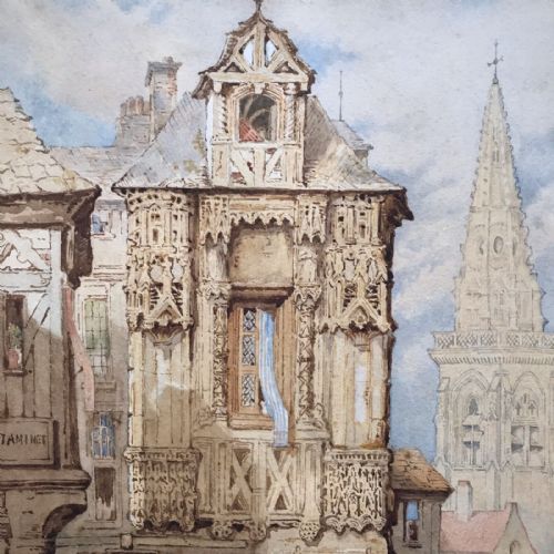 fig 2. Circle of Prout Original Early 19th Century Antique Watercolour Painting French Belgium Market Place Continental Townscape