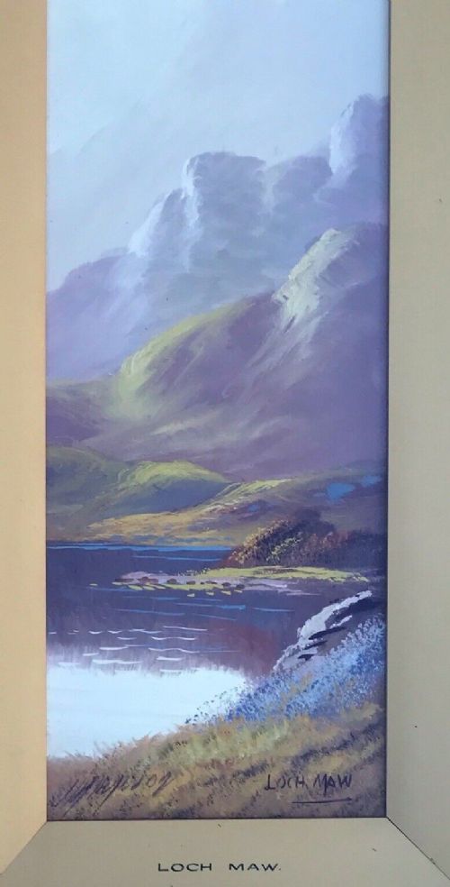 fig 1. Two Indistinctly Signed Antique Scottish School Watercolour Gouache Paintings of Loch Maw & Llynlldau Scotland Landscapes