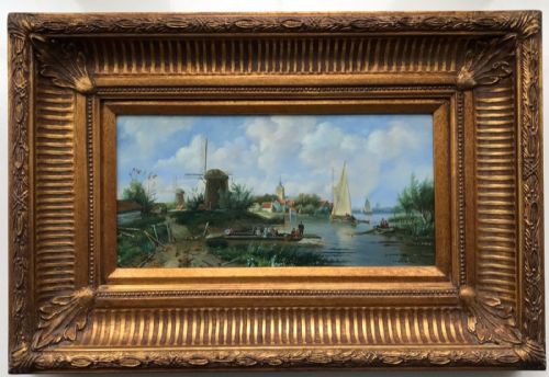 Original 20th Century Oil Painting on Panel Dutch River View Windmill Boats & Figures in a Summer Landscape with Substantial Heavy Frame