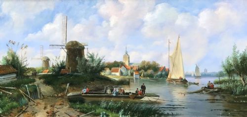 fig 1. Original 20th Century Oil Painting on Panel Dutch River View Windmill Boats & Figures in a Summer Landscape with Substantial Heavy Frame