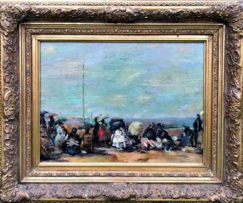 After Eugene Boudin (1824-1898) Original Impressionist Style Oil Painting on Panel French Beach Landscape