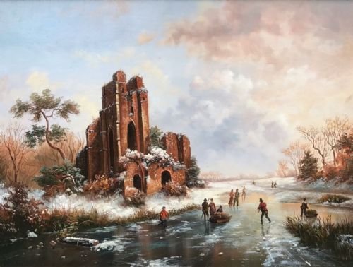 Original 20th Century Oil Painting on Panel Dutch River Scene Castle with Figures Skating in Winter Landscape