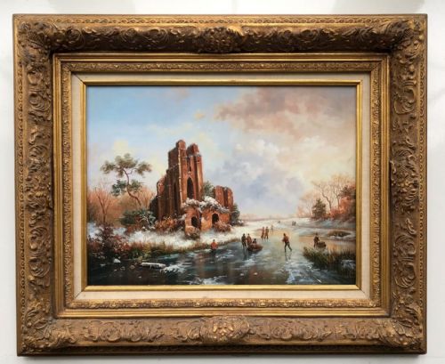 fig 1. Original 20th Century Oil Painting on Panel Dutch River Scene Castle with Figures Skating in Winter Landscape