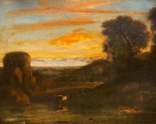 Original Early C19th Antique Oil Painting on Wood Panel Label Attached Verso Reads "View Near Rome by R P Bonington"