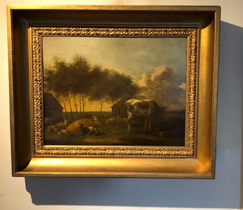 fig 1. Jacob van der Does (Circle of) Original 17th Century Antique Dutch Oil on Canvas Painting Cattle Sheep & Farm Buildings