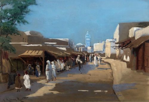 Edmund Aubrey Hunt Signed Original Antique Watercolour Gouache Painting Middle Eastern Market Street View Landscape