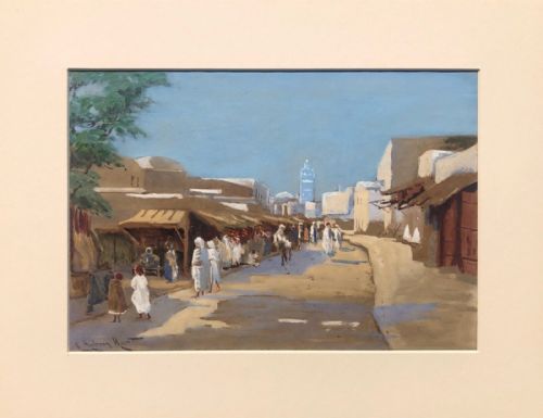 fig 1. Edmund Aubrey Hunt Signed Original Antique Watercolour Gouache Painting Middle Eastern Market Street View Landscape