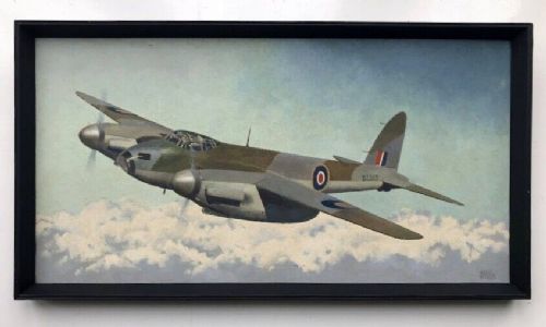 fig 1. Harry Hudson Rodmell Signed mid 20th Century Vintage Oil Painting on Board 'De Havilland Mosquito' Aviation Plane Study