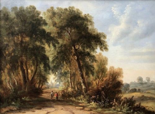 John Westall Signed Original Late 19th Century Antique Oil Painting on Canvas English Landscape Painting Figures in Woodland