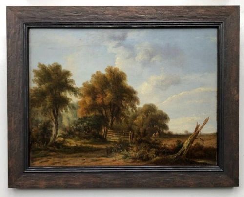 fig 1. John Westall Original Late 19th Century Antique Oil Painting on Canvas Figures in woodland Landscape