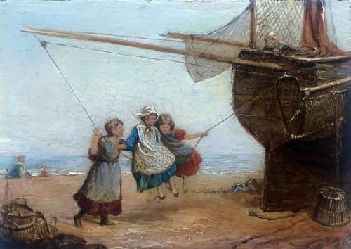 English School Original 19th Century Antique Oil Painting on Wood Panel Fishing Boat Swing Girls Playing