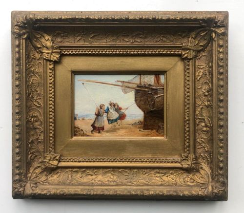 fig 1. English School Original 19th Century Antique Oil Painting on Wood Panel Fishing Boat Swing Girls Playing