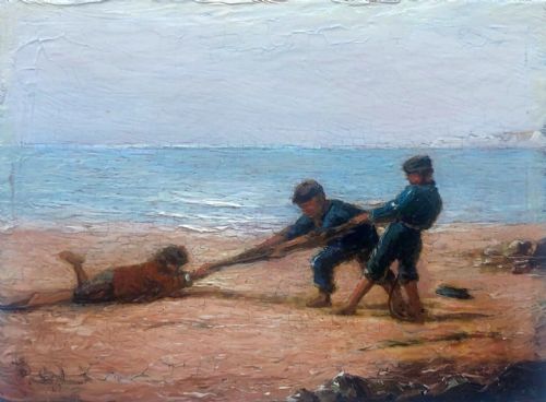 English School Original 19th Century Antique Oil Painting on Wood Panel Tug of War Sailor Boys Playing on a Beach