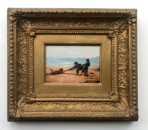 fig 1. English School Original 19th Century Antique Oil Painting on Wood Panel Tug of War Sailor Boys Playing on a Beach