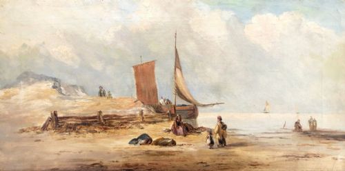 Circle of Thomas Rose Miles Original19th Century Antique Oil Painting on Canvas Figures on a Beach with Fishing Boat