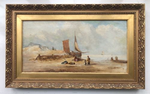 fig 1. Circle of Thomas Rose Miles Original19th Century Antique Oil Painting on Canvas Figures on a Beach with Fishing Boat
