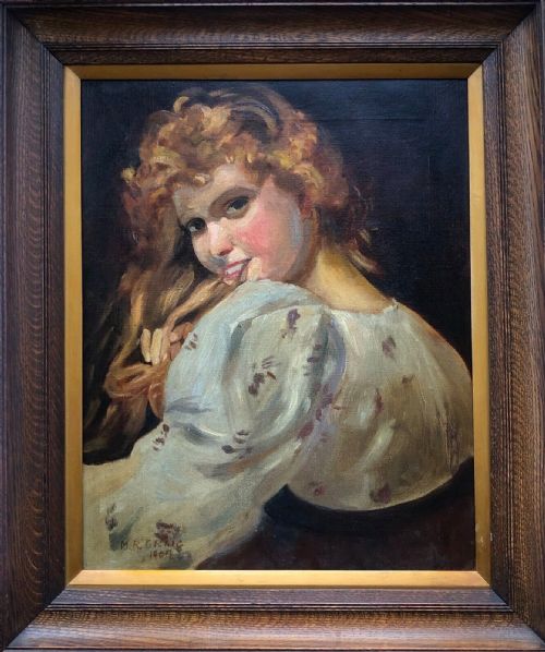 fig 1. Original Signed M R Craig 1909 Antique English Oil Painting on Canvas Vintage Framed Portrait of a Young Lady Playing with her Hair