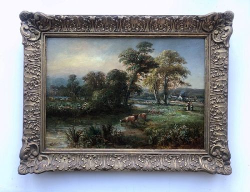 Wj Ellis Signed Original 19th Century Antique Oil Painting on Board English Landscape Cattle Watering on the River Tame