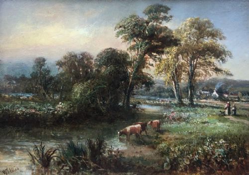fig 1. WJ Ellis Signed Original 19th Century Antique Oil Painting on Board English landscape Cattle Watering on the River Tame
