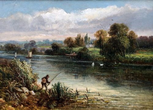 W J Ellis Signed Original 19th Century Antique Oil Painting on Board English Landscape Thames Near Reading Berkshire
