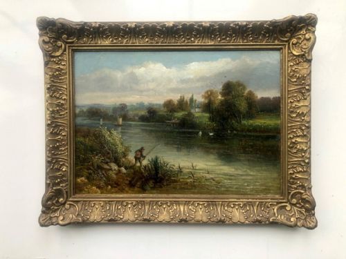 fig 1. W J Ellis Signed Original 19th Century Antique Oil Painting on Board English landscape Thames near Reading Berkshire