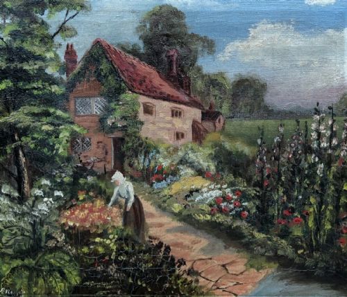 Original Early 20th Century English Vintage Oil Painting on Canvas Cottage & Garden Scene Nr Whitby Yorkshire Landscape