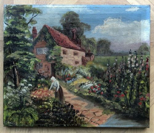 fig 1. Original Early 20th Century English Vintage Oil Painting on Canvas Cottage & Garden Scene nr Whitby Yorkshire Landscape