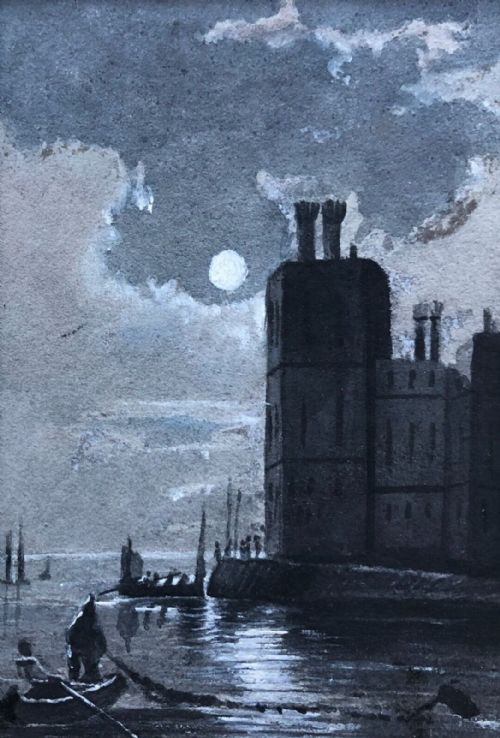 Original Late 19th Century Antique Watercolour Painting Moonlight Castle Boat Figure Coastal Scene