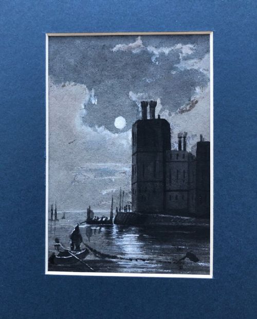 fig 1. Original late 19th Century Antique Watercolour Painting Moonlight Castle Boat Figure Coastal Scene