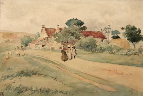 Signed Original 19th Century Antique Watercolour Painting Victorian Figures Countryside Walk Rural Landscape