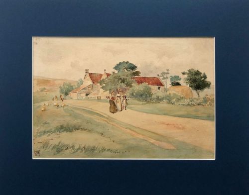 fig 1. Signed Original 19th Century Antique Watercolour Painting Victorian Figures Countryside Walk Rural Landscape