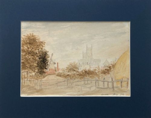 Original 1856 Antique 19th Century Watercolour Painting Historical View of Lincoln Cathedral English Landscape