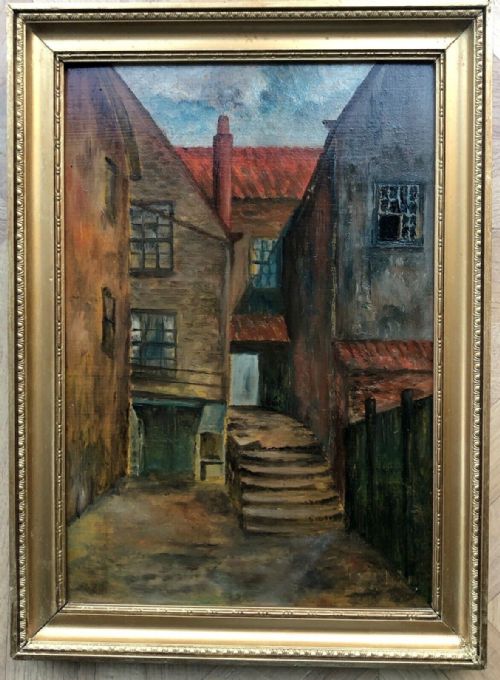 Original Early 20th Century English Framed Oil Painting on Card Street Scene Landscape Arguments Yard, Whitby Yorkshire Coast