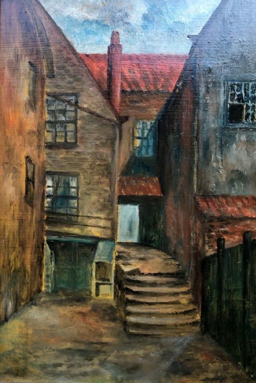 fig 1. Original early 20th Century English Framed Oil Painting on Card Street Scene Landscape Arguments Yard, Whitby Yorkshire Coast