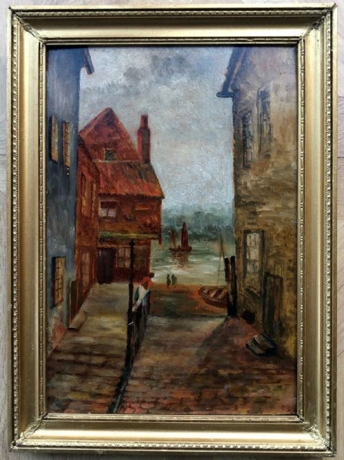 Original Early 20th Century English Vintage Framed Oil Painting on Card Tin Gaunt Whitby Yorkshire Street Scene Landscape