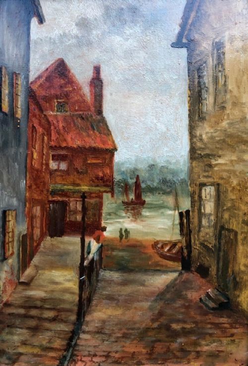 fig 1. Original early 20th Century English Vintage Framed Oil Painting on Card Tin Gaunt Whitby Yorkshire Street Scene Landscape