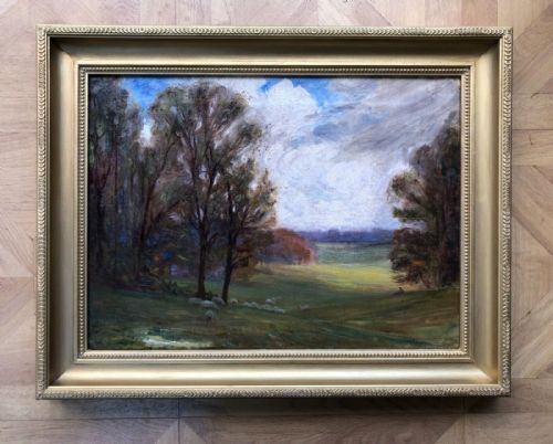 Baxter Morgan Original Antique Oil Painting on Canvas Sheep Grazing with Shepherd Resting English Landscape