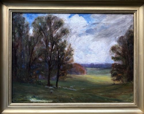 fig 1. Baxter Morgan Original Antique Oil Painting on Canvas Sheep grazing with Shepherd Resting English Landscape