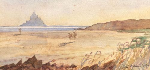 fig 1. Signed Original 19th Century Antique Watercolour Painting Mont-Saint-Michel French Landscape