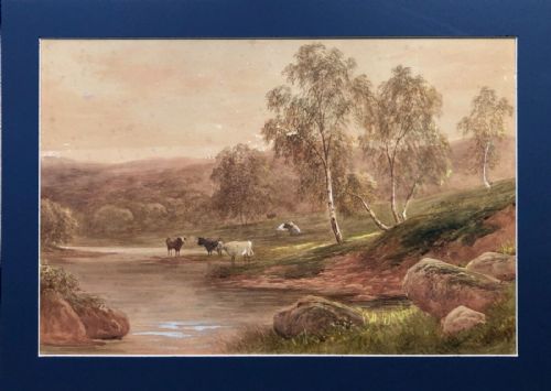 J Scott Signed Original 19th Century Antique Watercolour Painting Cattle by the River Tweed