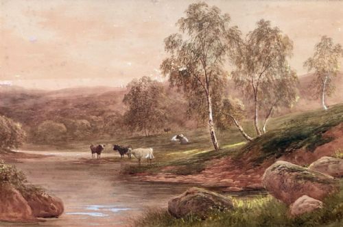 fig 1. J Scott Signed Original 19th Century Antique Watercolour Painting Cattle by the River Tweed